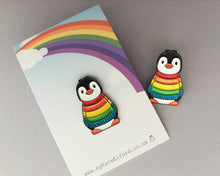 Load image into Gallery viewer, Rainbow glitter penguin soft enamel pin, Christmas rainbow penguin brooch. Rainbow jumper, boo the penguin