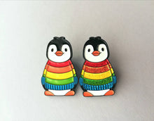 Load image into Gallery viewer, Rainbow glitter penguin soft enamel pin, Christmas rainbow penguin brooch. Rainbow jumper, boo the penguin
