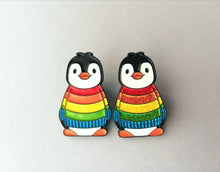 Load image into Gallery viewer, Rainbow glitter penguin soft enamel pin, Christmas rainbow penguin brooch. Rainbow jumper, boo the penguin