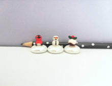 Load image into Gallery viewer, Miniature robin, pudding and snowman. Pottery and glass tiny ornament. Cute mini Christmas ornaments.