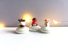 Load image into Gallery viewer, Miniature robin, pudding and snowman. Pottery and glass tiny ornament. Cute mini Christmas ornaments.