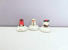 Load image into Gallery viewer, Miniature robin, pudding and snowman. Pottery and glass tiny ornament. Cute mini Christmas ornaments.