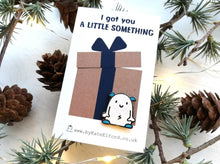 Load image into Gallery viewer, An enamel pin of a little monster, the backing card that says I got you a little something