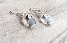 Load image into Gallery viewer, Penguin chick earrings, recycled acrylic, cute winter penguins, sterling silver hooks, grey penguin