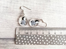Load image into Gallery viewer, Penguin chick earrings, recycled acrylic, cute winter penguins, sterling silver hooks, grey penguin
