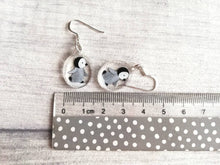 Load image into Gallery viewer, Penguin chick earrings, recycled acrylic, cute winter penguins, sterling silver hooks, grey penguin