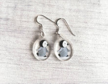 Load image into Gallery viewer, Penguin chick earrings, recycled acrylic, cute winter penguins, sterling silver hooks, grey penguin