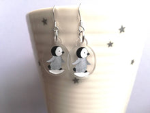 Load image into Gallery viewer, Penguin chick earrings, recycled acrylic, cute winter penguins, sterling silver hooks, grey penguin