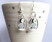Load image into Gallery viewer, Penguin chick earrings, recycled acrylic, cute winter penguins, sterling silver hooks, grey penguin