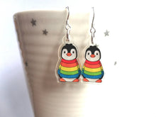Load image into Gallery viewer, Penguin rainbow earrings, recycled acrylic, cute penguins, sterling silver hooks, penguins
