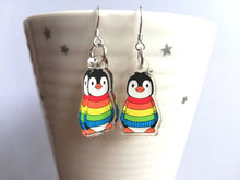 Load image into Gallery viewer, Penguin rainbow earrings, recycled acrylic, cute penguins, sterling silver hooks, penguins