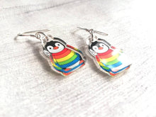 Load image into Gallery viewer, Penguin rainbow earrings, recycled acrylic, cute penguins, sterling silver hooks, penguins