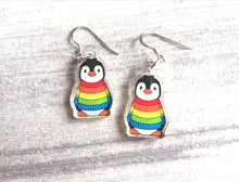 Load image into Gallery viewer, Penguin rainbow earrings, recycled acrylic, cute penguins, sterling silver hooks, penguins