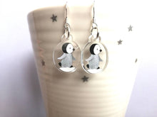 Load image into Gallery viewer, Penguin chick earrings, recycled acrylic, cute winter penguins, sterling silver hooks, grey penguin