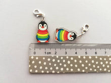 Load image into Gallery viewer, Rainbow penguin stitch marker, mini penguin recycled acrylic charm