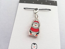 Load image into Gallery viewer, Penguin stitch marker, red hat and jumper, penguin recycled acrylic charm