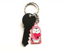 Load image into Gallery viewer, Pink penguin keyring, acrylic, cute love key fob, heart key chain, blush pink