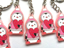 Load image into Gallery viewer, Pink penguin keyring, acrylic, cute love key fob, heart key chain, blush pink