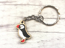 Load image into Gallery viewer, Tiny puffin keyring, mini puffin wooden key fob, ethically sourced wood, sea bird key chain, coastal bag charm