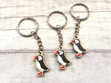 Load image into Gallery viewer, Tiny puffin keyring, mini puffin wooden key fob, ethically sourced wood, sea bird key chain, coastal bag charm