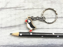 Load image into Gallery viewer, Tiny puffin keyring, mini puffin wooden key fob, ethically sourced wood, sea bird key chain, coastal bag charm
