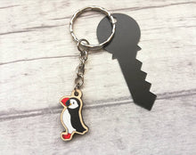 Load image into Gallery viewer, Tiny puffin keyring, mini puffin wooden key fob, ethically sourced wood, sea bird key chain, coastal bag charm