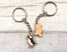 Load image into Gallery viewer, Tiny puffin keyring, mini puffin wooden key fob, ethically sourced wood, sea bird key chain, coastal bag charm