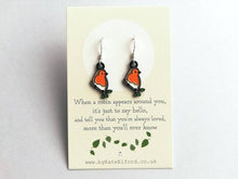 Load image into Gallery viewer, When a robin appears earrings, robin earrings, enamel bird earrings, sterling silver ear wire, birds, memory, Christmas earrings