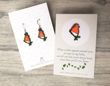 Load image into Gallery viewer, When a robin appears earrings, robin earrings, enamel bird earrings, sterling silver ear wire, birds, memory, Christmas earrings