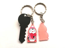 Load image into Gallery viewer, Pink penguin keyring, acrylic, cute love key fob, heart key chain, blush pink