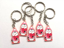 Load image into Gallery viewer, Pink penguin keyring, acrylic, cute love key fob, heart key chain, blush pink