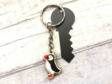Load image into Gallery viewer, Tiny puffin keyring, mini puffin wooden key fob, ethically sourced wood, sea bird key chain, coastal bag charm