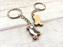 Load image into Gallery viewer, Tiny puffin keyring, mini puffin wooden key fob, ethically sourced wood, sea bird key chain, coastal bag charm
