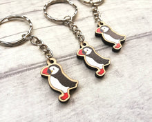 Load image into Gallery viewer, Tiny puffin keyring, mini puffin wooden key fob, ethically sourced wood, sea bird key chain, coastal bag charm