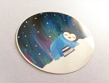 Load image into Gallery viewer, Penguin asleep under the stars sticker, Northern lights, aurora reading, book sticker