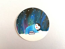 Load image into Gallery viewer, Penguin asleep under the stars sticker, Northern lights, aurora reading, book sticker