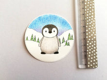 Load image into Gallery viewer, Penguin chick in the snow vinyl sticker, cute penguin decal