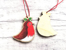 Load image into Gallery viewer, Robin mini decoration. Little wooden robin and holly small Christmas ornament, eco friendly ethically sourced wood