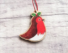 Load image into Gallery viewer, Robin mini decoration. Little wooden robin and holly small Christmas ornament, eco friendly ethically sourced wood