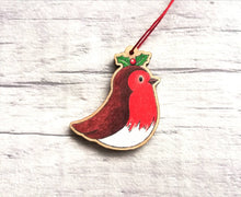 Load image into Gallery viewer, Robin mini decoration. Little wooden robin and holly small Christmas ornament, eco friendly ethically sourced wood