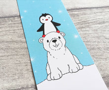 Load image into Gallery viewer, Penguin and polar bear bookmark, penguin page marker, polar bear bookmark, stars, gift, book lover, book worm
