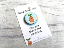 Load image into Gallery viewer, Positive magnet gift, mini wooden bean fridge magnet. Made from ethically sourced wood. Friendship, thank you, supportive gift