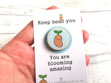 Load image into Gallery viewer, Positive magnet gift, mini wooden bean fridge magnet. Made from ethically sourced wood. Friendship, thank you, supportive gift