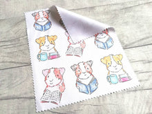 Load image into Gallery viewer, Guinea pig glasses, screen cleaner, cavy lens cloth, cute screen wipe, reading guinea pigs fabric screen wipe