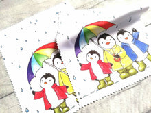 Load image into Gallery viewer, Rainbow penguin glasses, screen cleaner, penguins in the rain lens cloth, cute screen wipe, rainbow umbrella fabric screen wipe