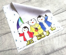 Load image into Gallery viewer, Rainbow penguin glasses, screen cleaner, penguins in the rain lens cloth, cute screen wipe, rainbow umbrella fabric screen wipe