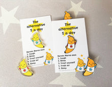 Load image into Gallery viewer, Seconds - Self care, positivity pin, Barney Narna, banana enamel pin, five a day, positive, friendship, supportive enamel badges
