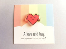 Load image into Gallery viewer, A love and hug mini magnet, cute positive heart, tiny fridge magnet, friendship, postable hug and love, supportive, care, recycled acrylic