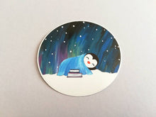 Load image into Gallery viewer, Penguin asleep under the stars sticker, Northern lights, aurora reading, book sticker