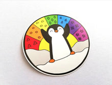 Load image into Gallery viewer, Penguin and rainbow vinyl sticker, penguin sunshine sticker
